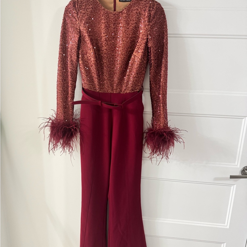 Lavish Alice Burgundy Sequin & Feather Jumpsuit